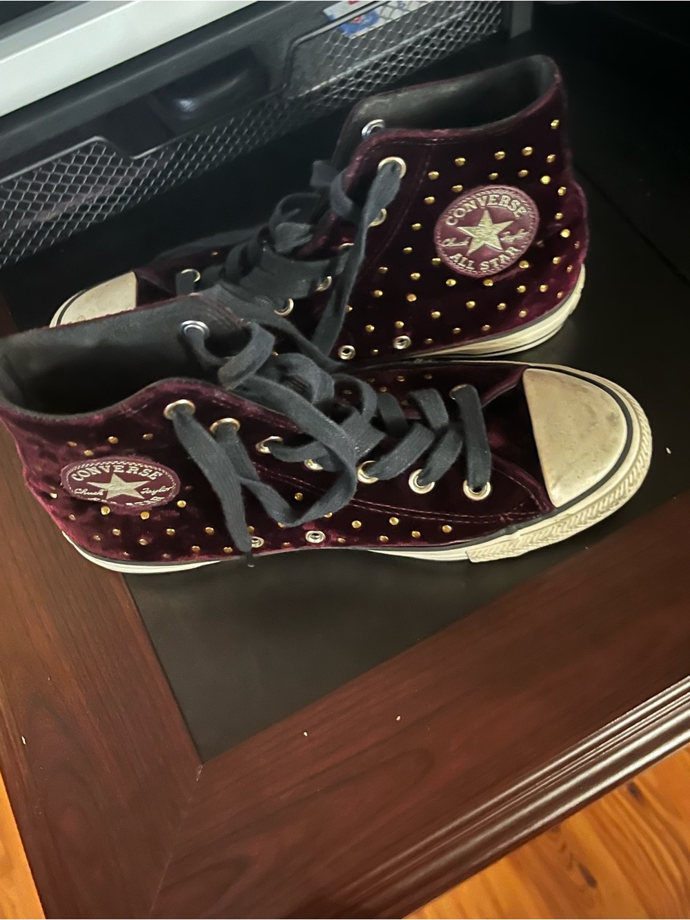 Converse Burgundy Velvet High-Top Sneakers with Gold Studs women’s size 11